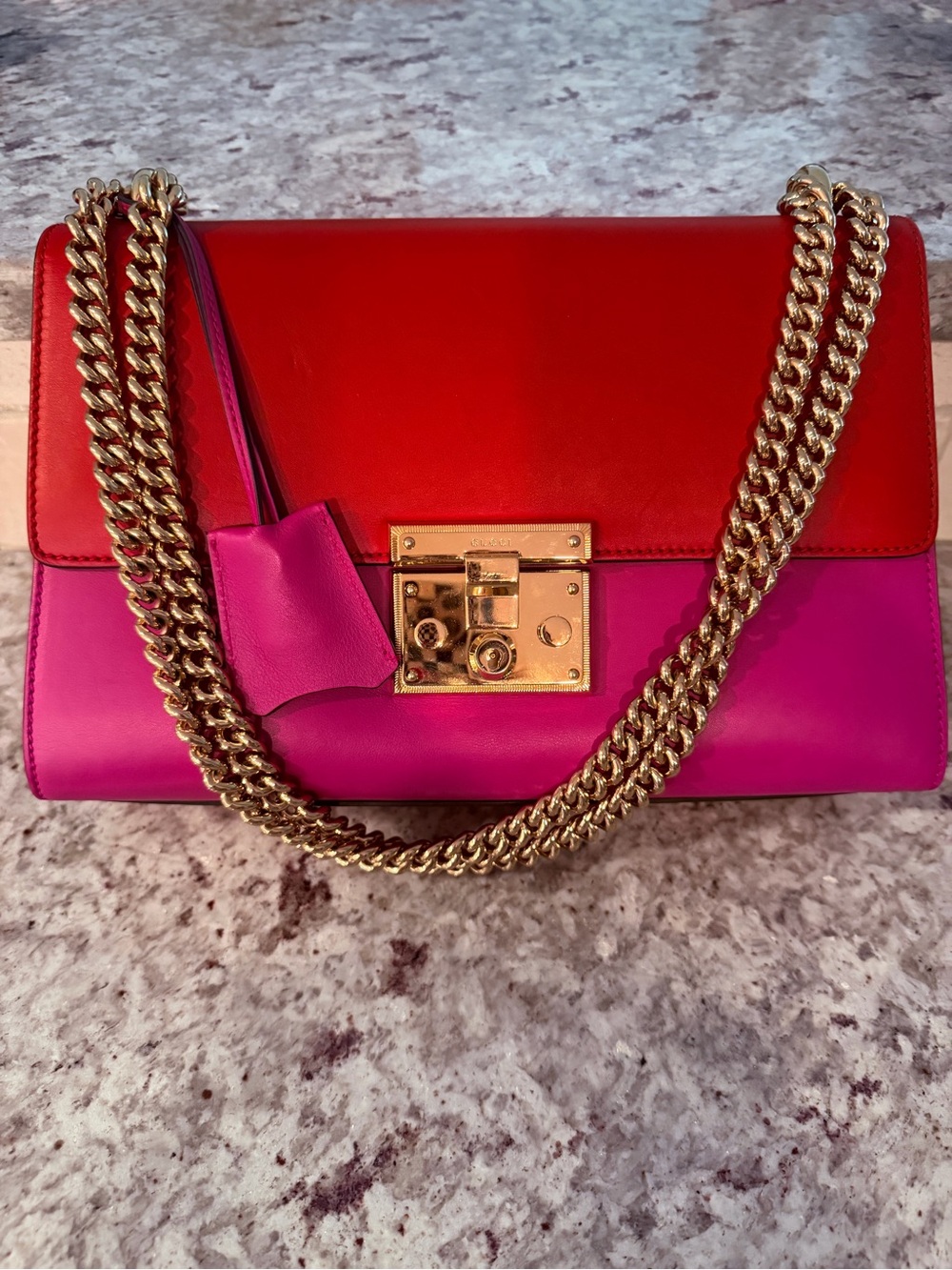 Gucci Red and Fuchsia Leather Chain Shoulder Bag